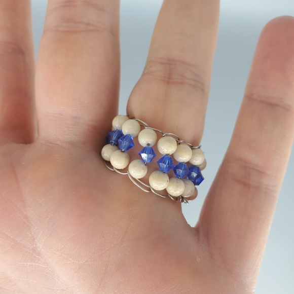 Ivory and Blue Swarovski Beaded Ring - Picture 7 of 8